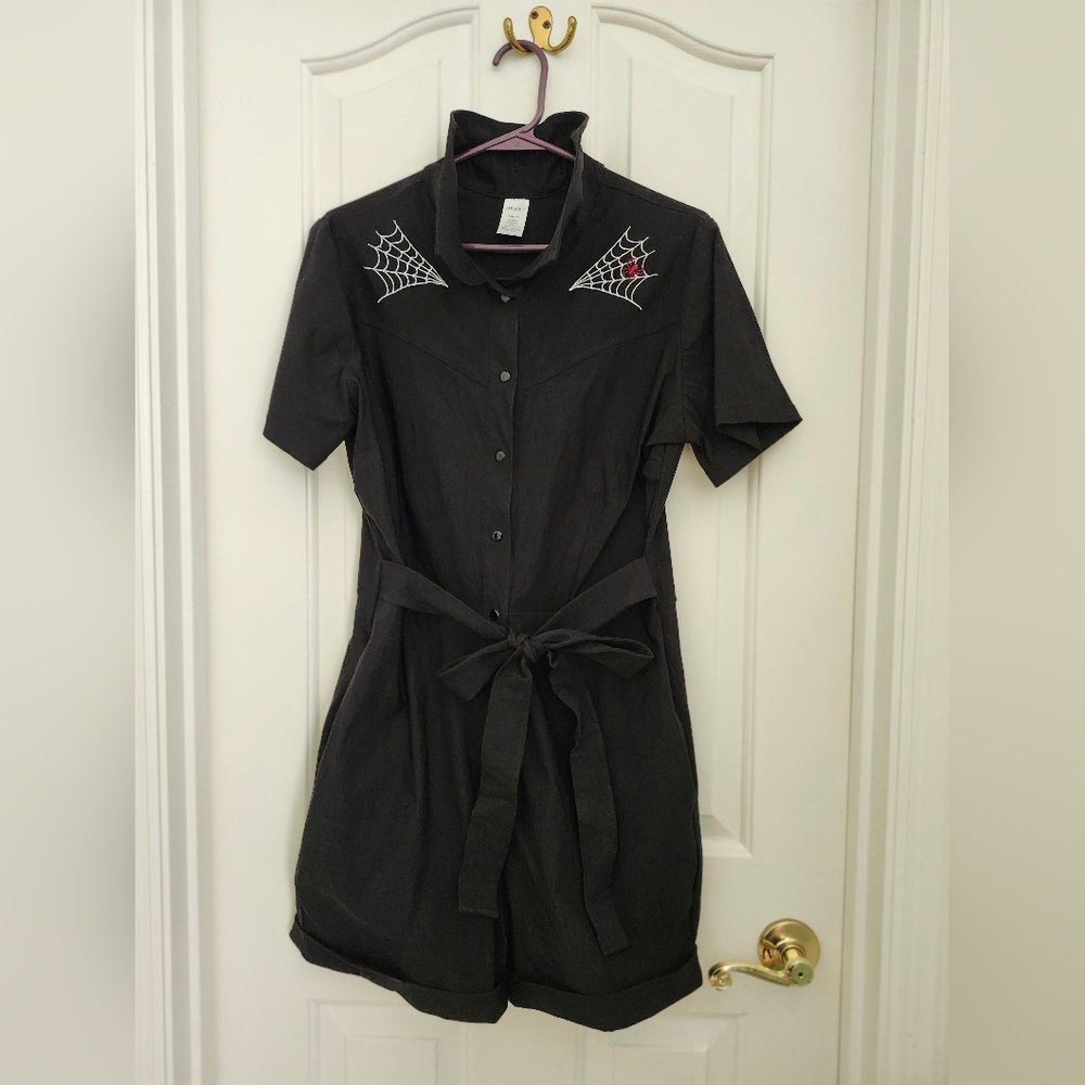 Stretchy Spiderweb Black Romper With Belt By Hemet